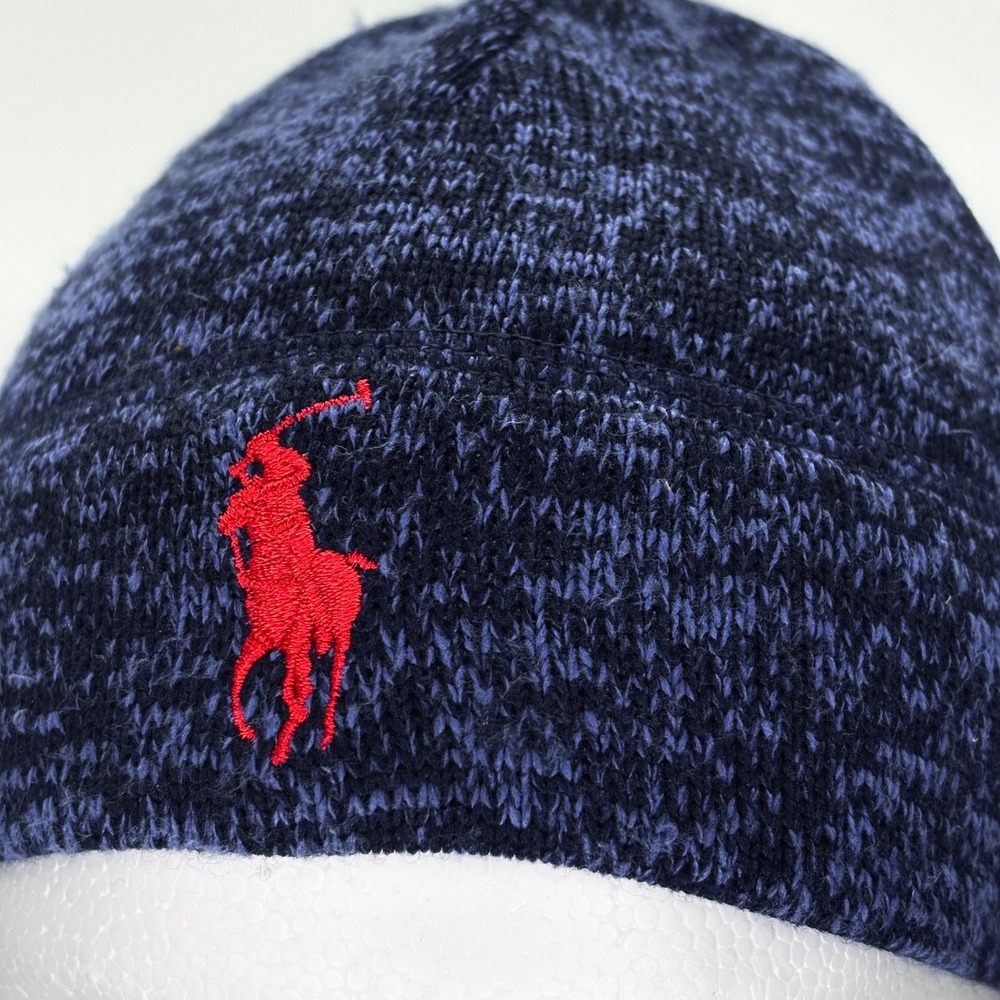 Polo Ralph Lauren Kids Navy Blue Marled Knit Fleece Lined Beanie‎ Red Pony NWOT